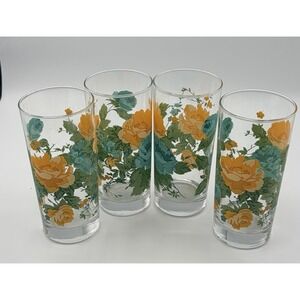 Pioneer Woman Rose Shadow Drinking Glasses Tumbler Set of 4 Floral Yellow Teal